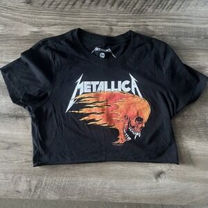 Metallica Licensed Pushead Flaming Skull Cropped  Shirt Size Small Rock Music